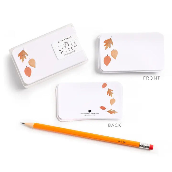 E. FRANCES PAPER's LITTLE NOTES FALLING LEAVES set features 85 mini notes with three illustrated autumn leaves—perfect for lunch boxes, pocket notes, gift toppers, and place cards.