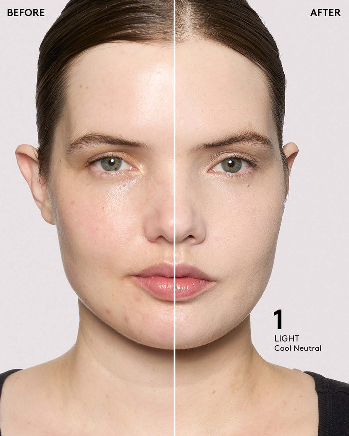before and after of light skin toned model in eaze drop stick