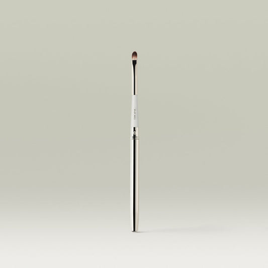 A sleek, dual-ended lip brush with a slim metallic handle and a small, rounded bristle tip, standing upright against a soft neutral background.