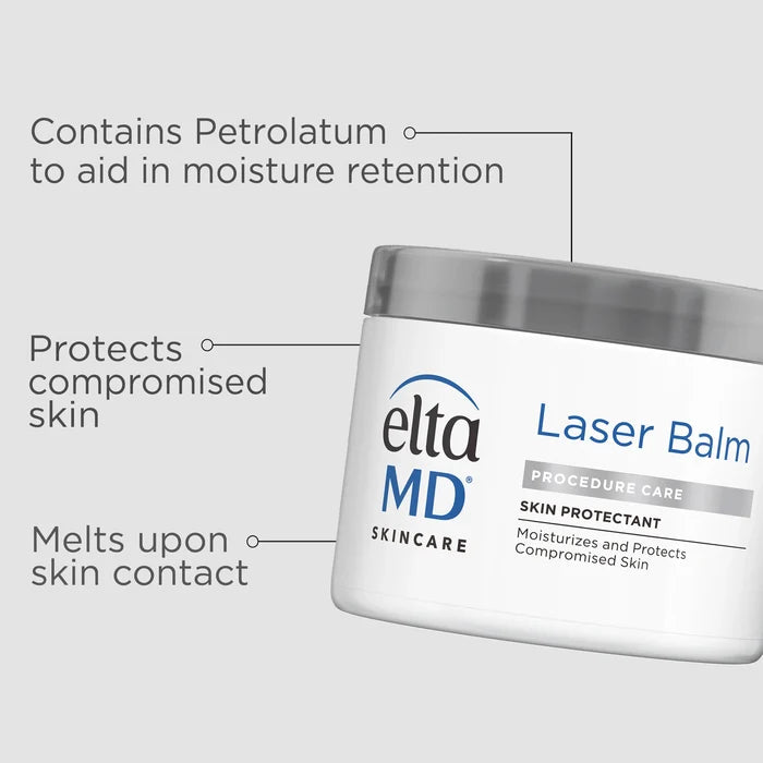 EltaMD Laser Balm jar with text: contains petrolatum, protects compromised skin, melts on contact