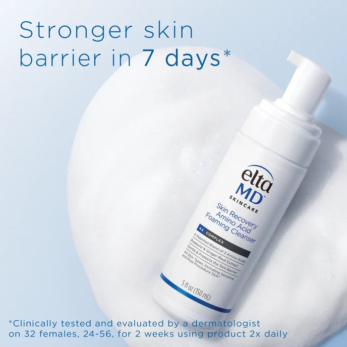 EltaMD Skin Recovery Amino Acid Foaming Cleanser bottle with "Stronger skin barrier in 7 days" text
