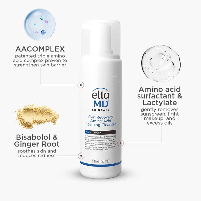 EltaMD Skin Recovery Amino Acid Foaming Cleanser bottle with key ingredients and barrier support