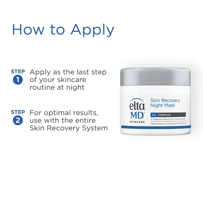 EltaMD Skin Recovery Night Mask jar with how-to-apply instructions and AA Complex label