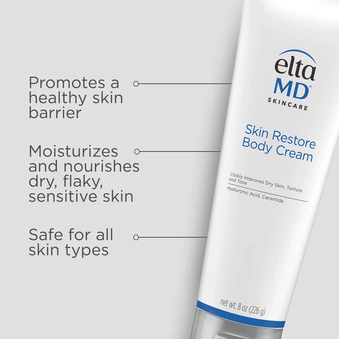 EltaMD Skin Restore Body Cream tube, promotes healthy skin barrier, hydrates dry flaky skin