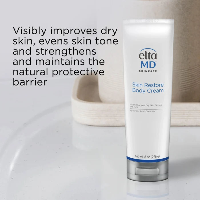 EltaMD Skin Restore Body Cream tube with text about improving dry skin and strengthening barrier