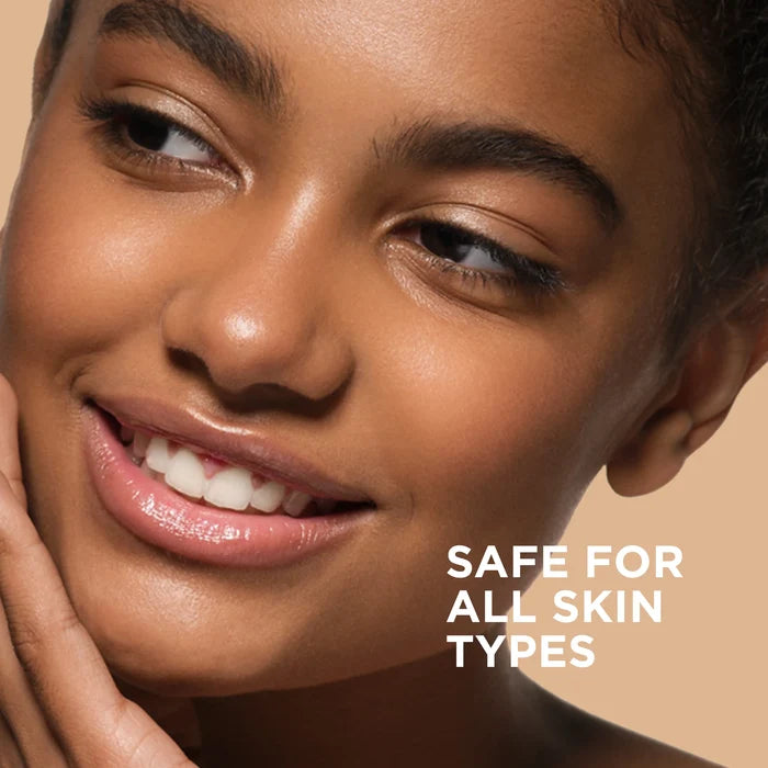 Smiling woman with glowing skin and text reading Safe for all skin types