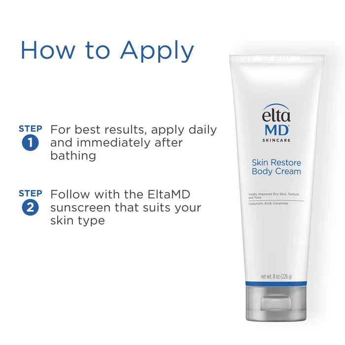 EltaMD Skin Restore Body Cream tube with application steps and daily use instructions