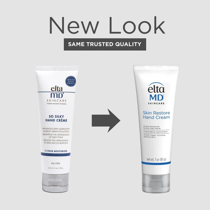 EltaMD Skin Restore Hand Cream tube, new packaging, 12-hour moisturizer for dry hands