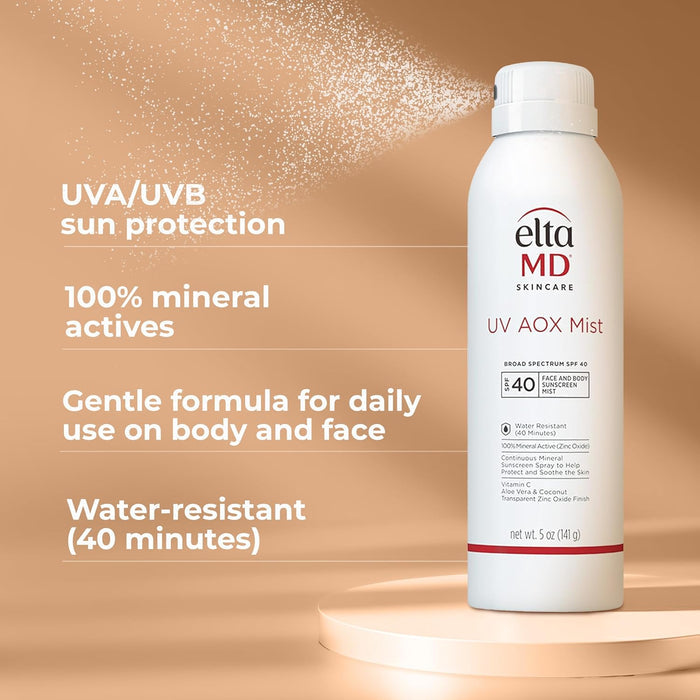EltaMD UV AOX Mist SPF 40 mineral sunscreen spray bottle, broad-spectrum, water-resistant