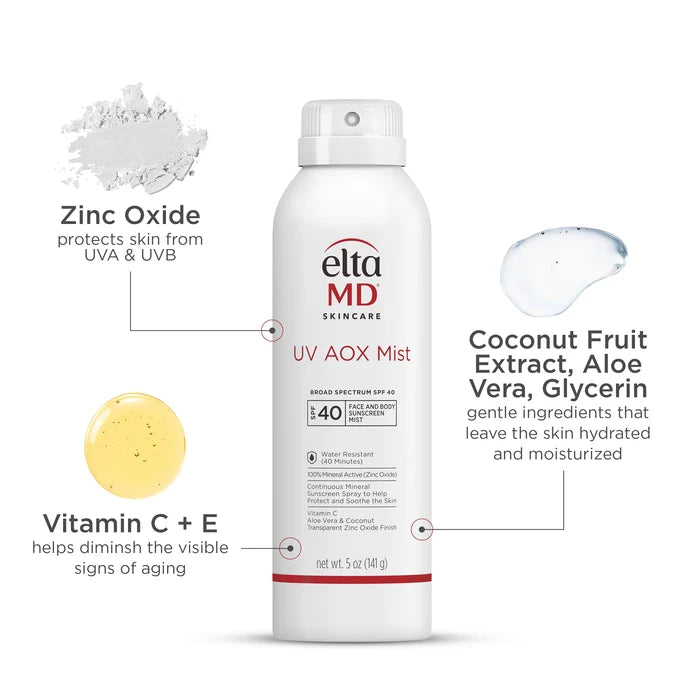 EltaMD UV AOX Mist SPF 40 spray bottle with zinc oxide, vitamin C and E ingredients