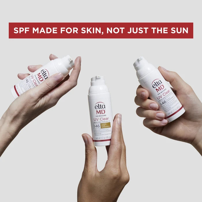 EltaMD UV Clear sunscreen bottles held in hands with SPF made for skin, not just the sun banner