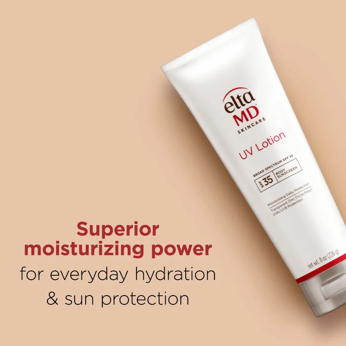 EltaMD UV Lotion Broad-Spectrum SPF 35 body sunscreen tube on beige background