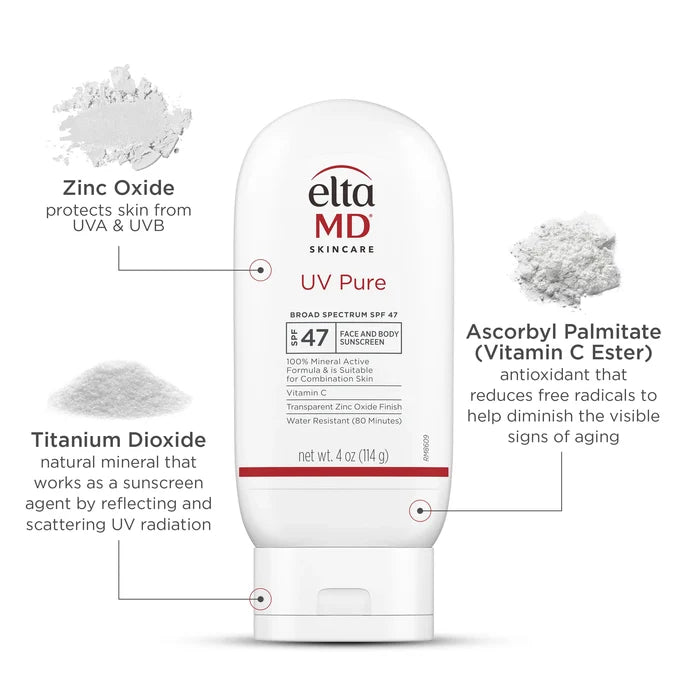 EltaMD UV Pure Broad-Spectrum SPF 47 mineral sunscreen tube with zinc oxide and vitamin C
