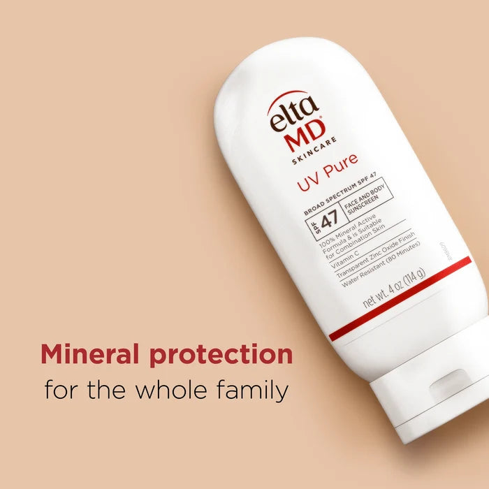EltaMD UV Pure Broad-Spectrum SPF 47 mineral sunscreen tube with family protection text