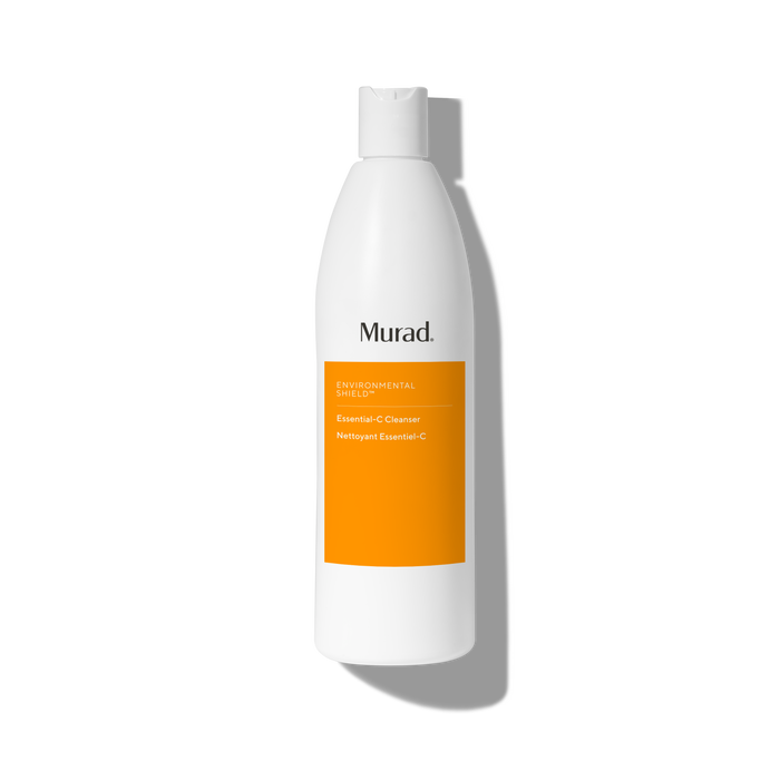 A white bottle of Murad Environmental Shield Essential C Cleanser with a bright orange label, shown on a white background with a soft shadow.