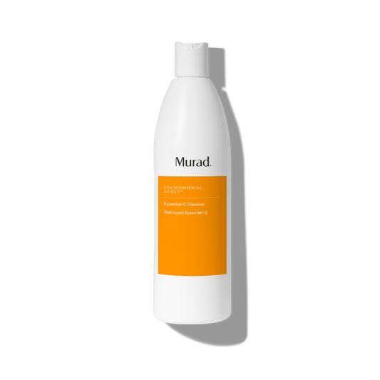 A white bottle of Murad Environmental Shield Essential C Cleanser with a bright orange label, shown on a white background with a soft shadow.