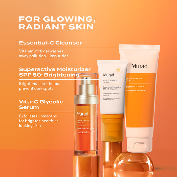 Bottle of Murad Vita-C Glycolic Serum, Superactive Moisturizer SPF 50: Brightening, Essential-C Cleanser side by side on orange background
