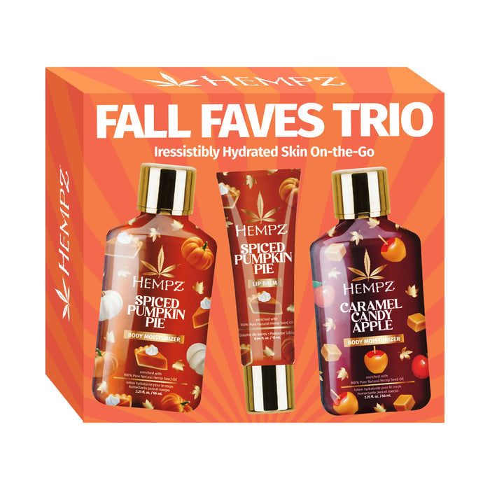 Hempz Fall Faves Trio packaging with three products on an orange background