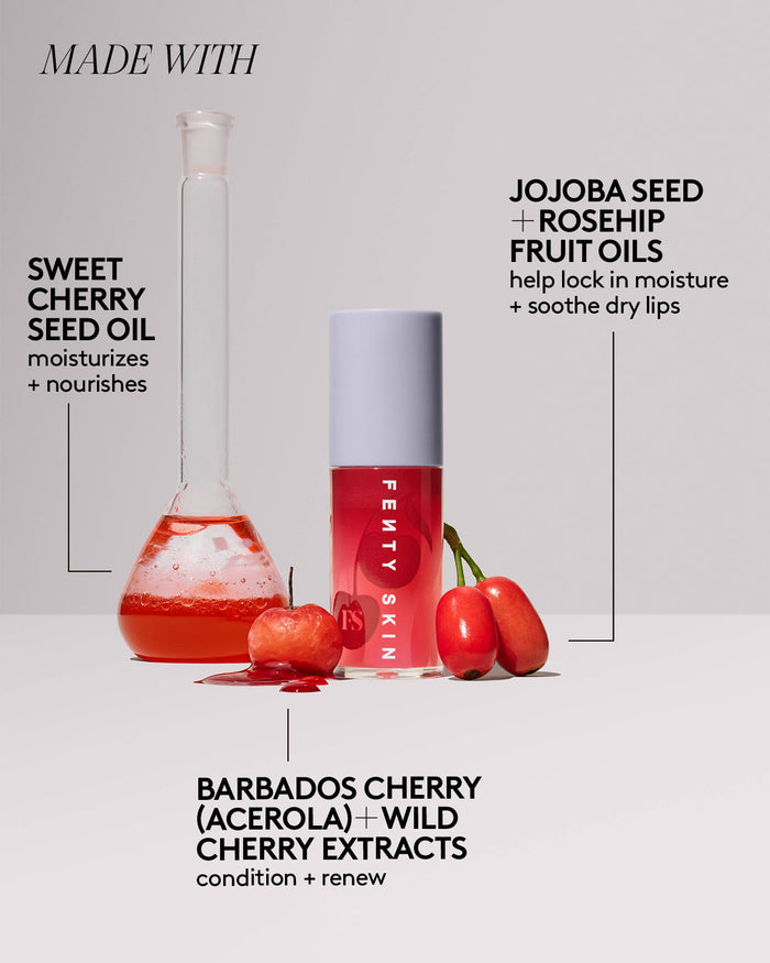 Fenty Skin Fenty Treats LIp Oil is made with sweet cherry seed oil, jojoba seed + rosehip fruit oils, and barbados cherry (acerola) + wild cherry extracts.