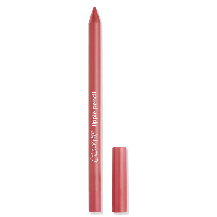 ColourPop Lippie Pencil Five Stars displayed uncapped, warm rosy pink lip liner with a pointed tip and matching cap set beside it on a clean white background.