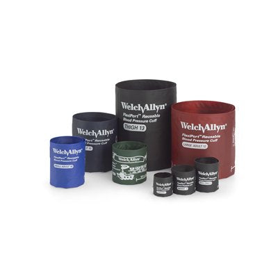 Several Welch Allyn blood pressure cuffs of varying sizes are displayed. They are arranged on a white background. The cuffs are reusable and come in different colors and sizes.