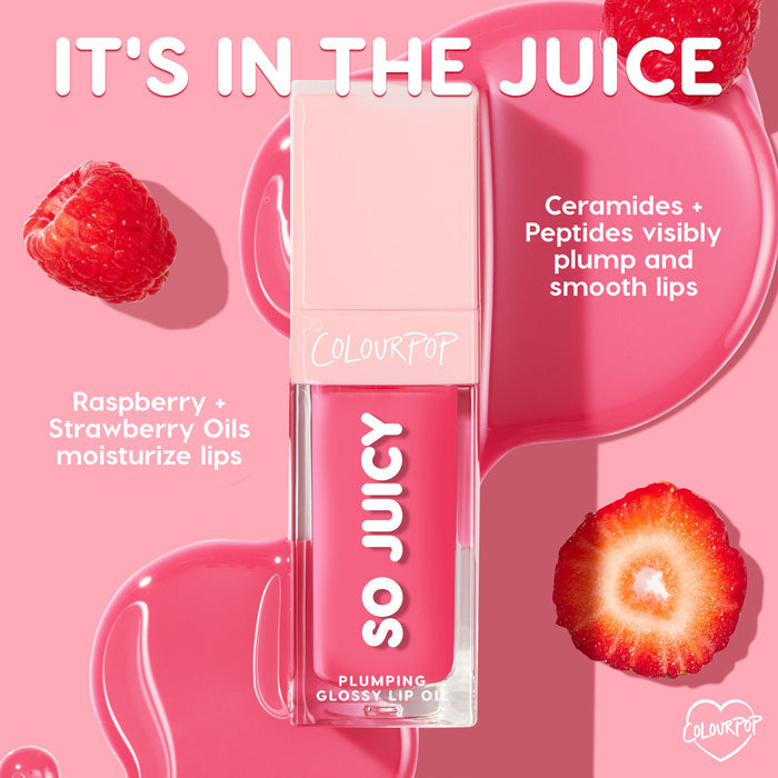 ColourPop So Juicy Plumping Glossy Lip Oil in Flirty Text stands upright, showing bright pink tint and SO JUICY branding; callouts highlight ceramides + peptides for plump, smooth lips and raspberry & strawberry oils for moisture on a pink, fruit-styled backdrop.