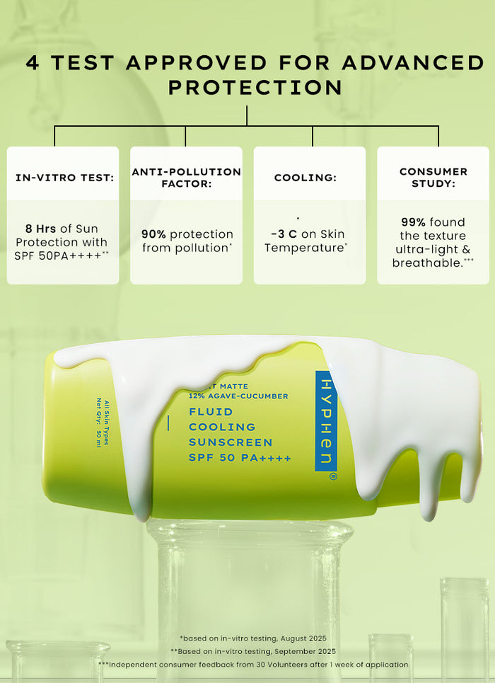 Hyphen Fluid Cooling Sunscreen SPF 50 PA++++ 50ml - clinical test results and benefit claims chart