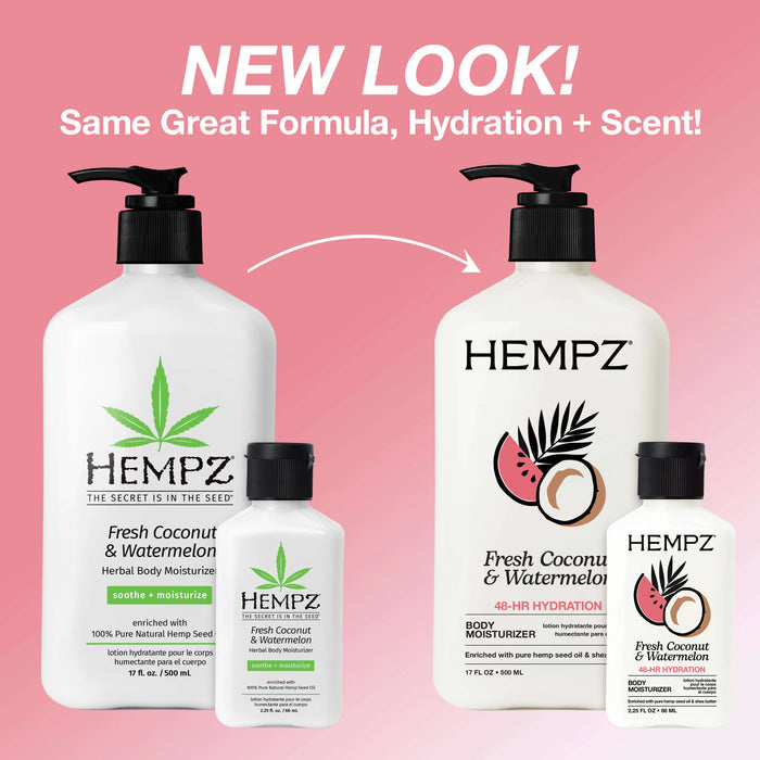 Hempz Fresh Coconut & Watermelon body moisturizer bottles on a pink background with text about new look and formula