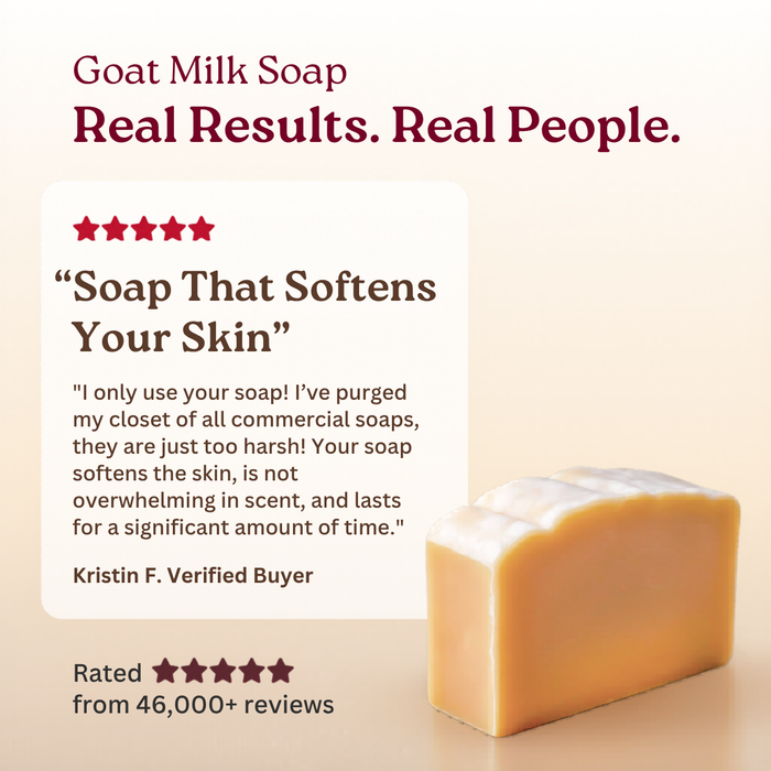 Goat milk soap with a testimonial on a beige background