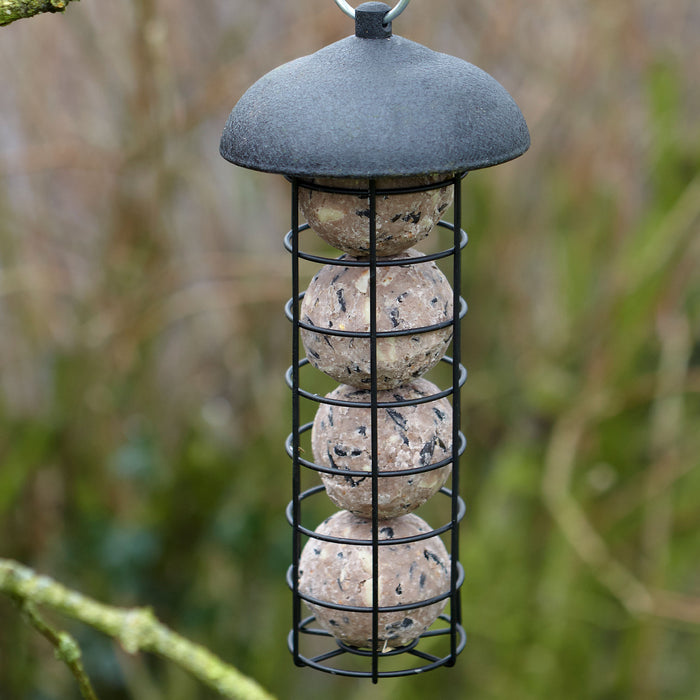 Gardman Black Steel Fat Snax Feeder with fat balls in