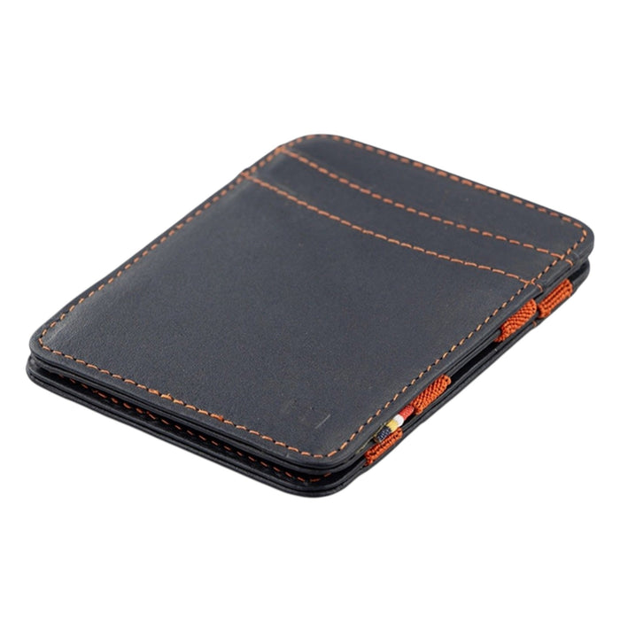 The GARZINI Magic Slim RFID-blocking leather wallet in blue and orange features visible orange stitching, multiple card slots, and modern orange and blue edge details. Shown on a white background.