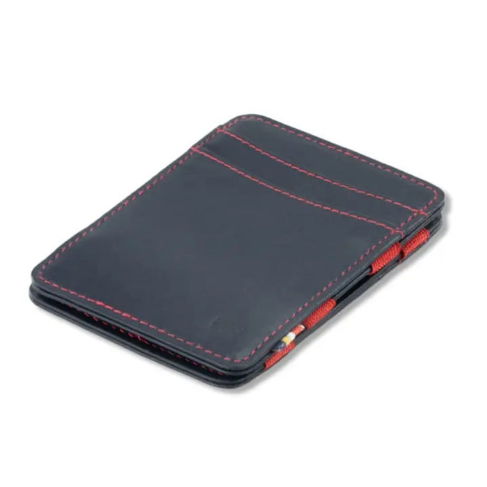 The GARZINI Magic Slim RFID-blocking leather wallet in blue and red features multiple card slots with cards partially visible inside.
