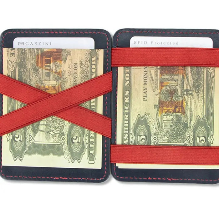 The GARZINI Magic Slim RFID-blocking leather wallet in blue and red features multiple card slots with cards partially visible inside.