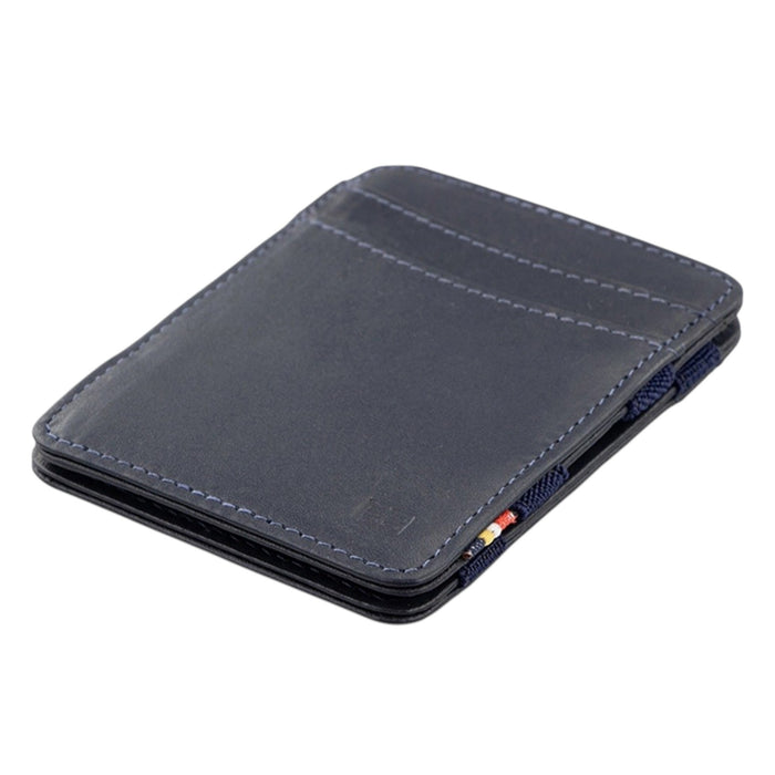 The GARZINI - MAGIC SLIM RFID-BLOCKING LEATHER WALLET IN BLUE features premium leather, multiple card slots, visible white stitching, and colorful cards peeking out. Shown angled on a white background, it offers secure RFID protection.
