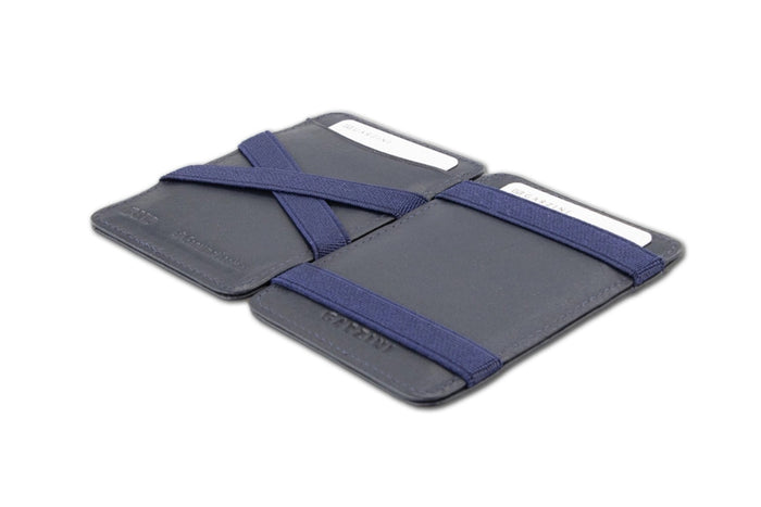 The GARZINI - MAGIC SLIM RFID-BLOCKING LEATHER WALLET IN BLUE features premium leather, multiple card slots, visible white stitching, and colorful cards peeking out. Shown angled on a white background, it offers secure RFID protection.