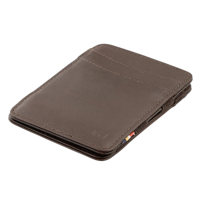 The GARZINI Magic Slim RFID-Blocking Leather Wallet in Brown by GARZINI is a slim, top grain leather wallet with multiple card slots and a small colorful fabric tag, offering RFID protection for your essentials. Displayed on a white background.