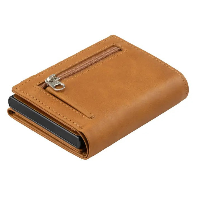 The GARZINI Slim Trifold RFID-blocking leather wallet in cognac features a metal card holder and coin pocket, with a black card partially visible on the side, photographed on a white background.