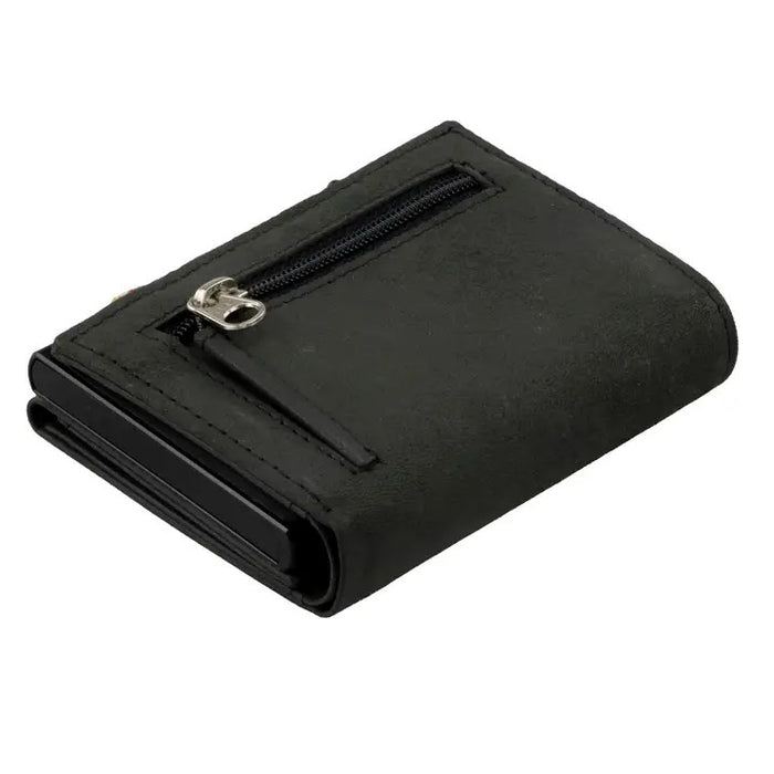 A GARZINI Slim Trifold RFID-blocking leather wallet in carbon black is shown closed, featuring a minimalist design, metal card holder, coin pocket, and the "GARZINI" logo on the side.