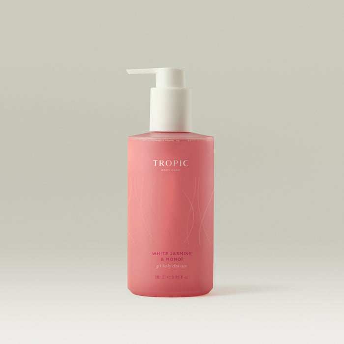 Tropic White Jasmine & Monoi Gel Body Cleanser in a frosted pink pump bottle.