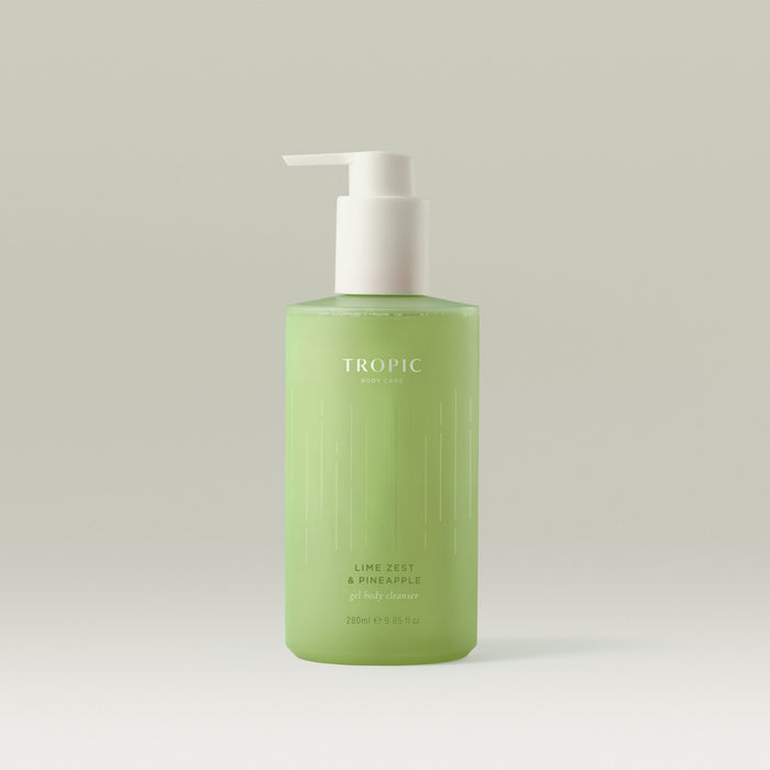 Tropic Lime Zest & Pineapple Gel Body Cleanser in a frosted green pump bottle.