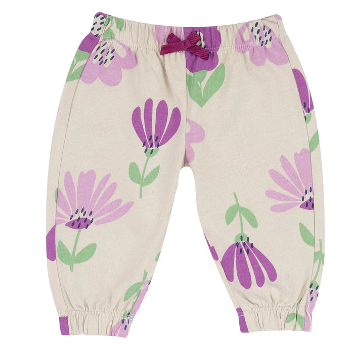 Girls Beige and Purple Floral Printed Joggers