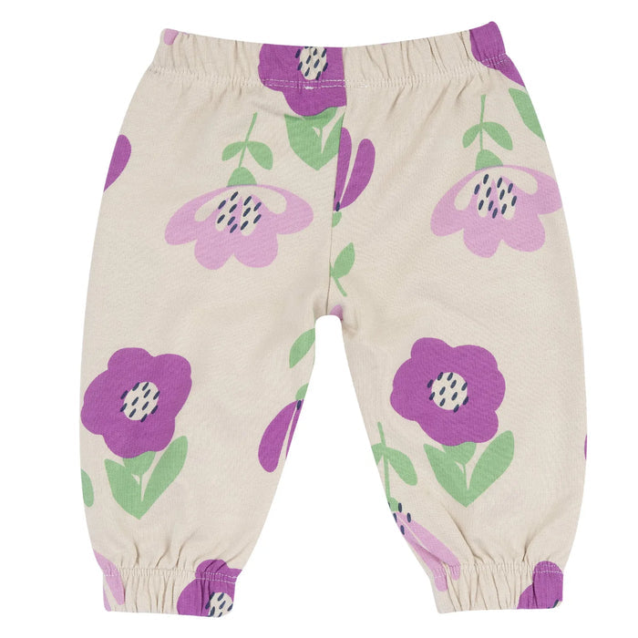 Girls Beige and Purple Floral Printed Joggers