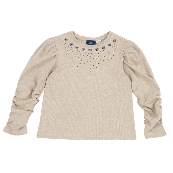Girls Beige Embellished Stretch Rib Top