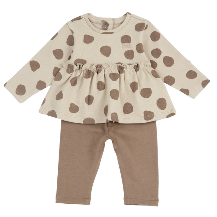 Girls Beige Polka Dot Printed T-shirt with Legging