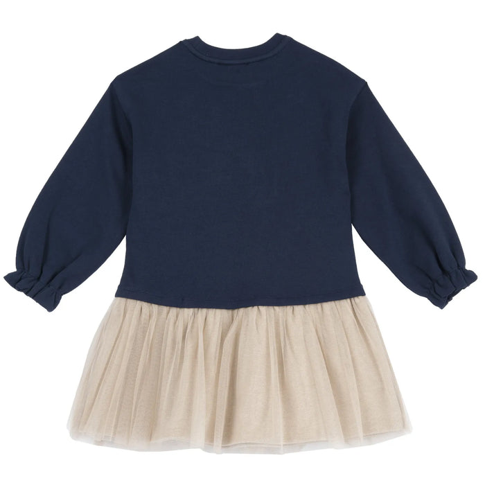Girls Dark Blue Embellished Long Sleeve Dress