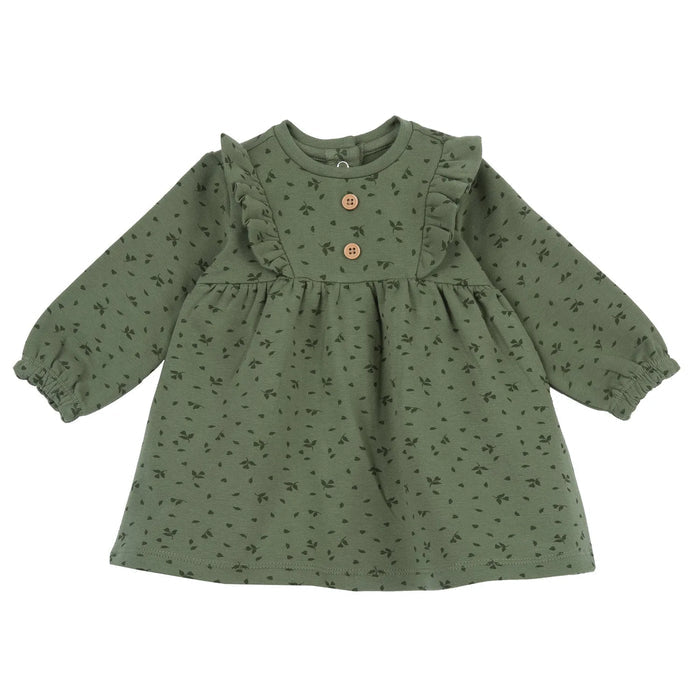 Girls Dark Green Self Design Long Sleeve Dress