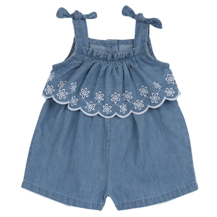 Girls Light Blue Embroidered Romper