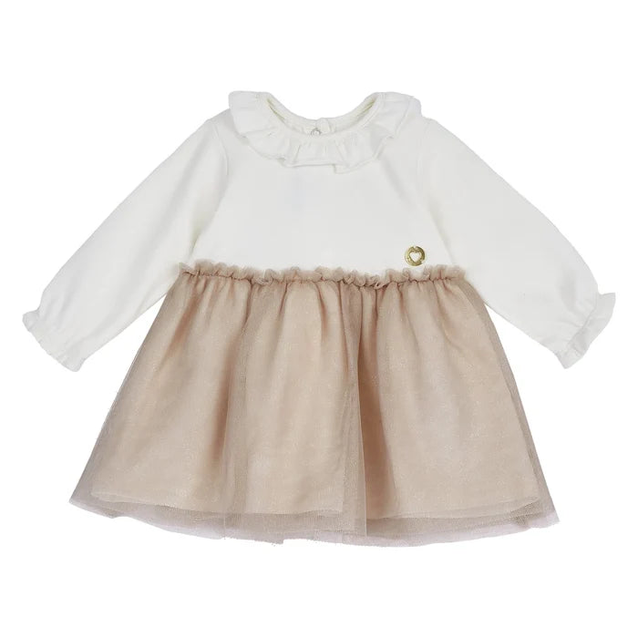Girls Light Natural Colorblocked Long Sleeve Dress