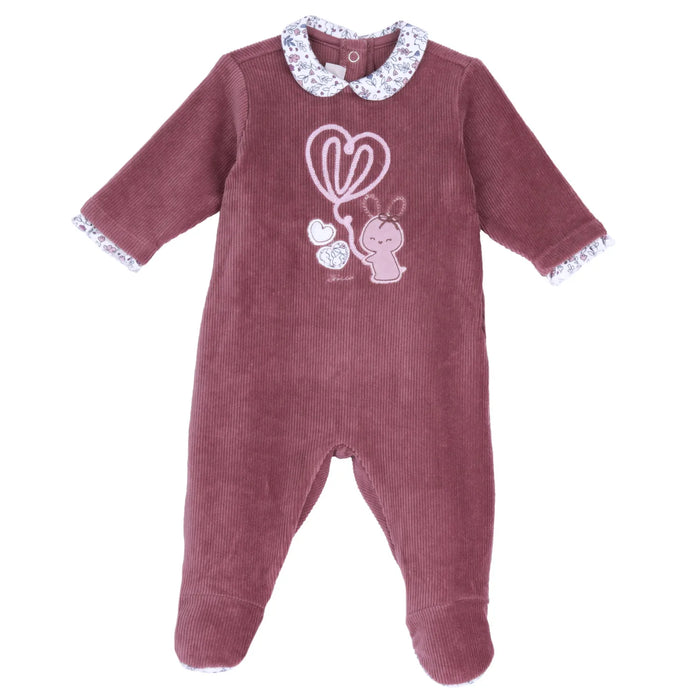 Girls Maroon Embroidered Velour Nappy Opening Babysuit