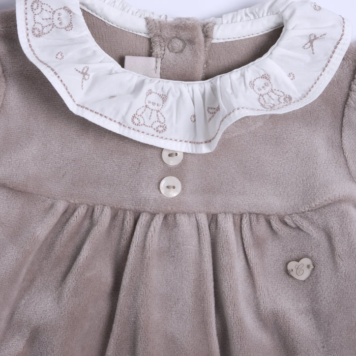 Girls Medium Brown Embroidered Nappy Opening Babysuit